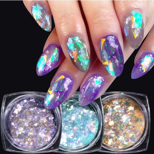 1 box Aurora Nail Glitter Crystal Opal Flakes Design Holo Iridescent Chrome Powder Sequins Manicure Nail Art Accessory NFOB01-12