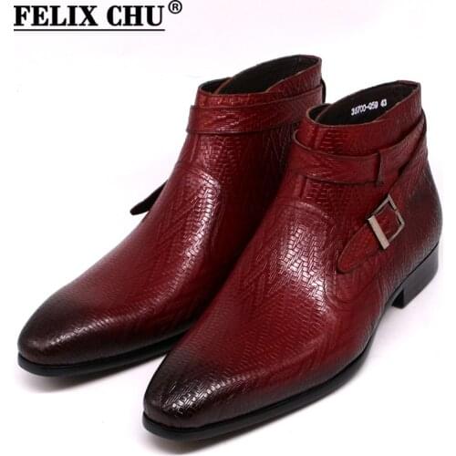 Handmade Men Ankle Boots Felix Chu Genuine Leather Mens Motorcycle Boots Black Red Buckle Strap High Top Dress Shoes for Men