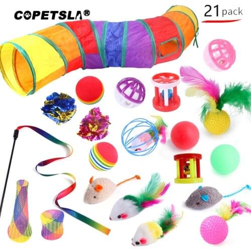 Copetsla 21PCS Collapsible Cat Tunnel Toys Kit Cat Teaser Feather Wand Sisal Ball 2 Holes Play Tubes Dog Cat Toys Pet Supplies