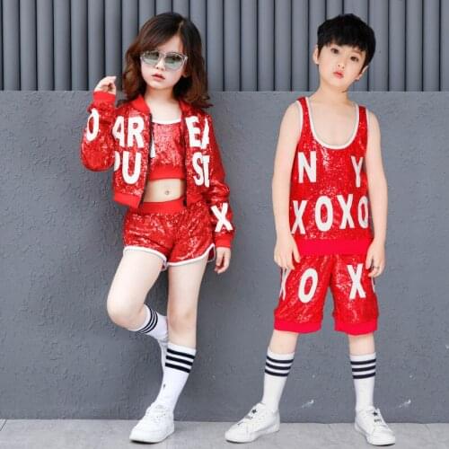 Kids Girl or Boy Red Flash Sequins Glitter Hip Hop Costume Children Ballroom Jazz Dance Costume Coat Vest Pants Clothes Clothing
