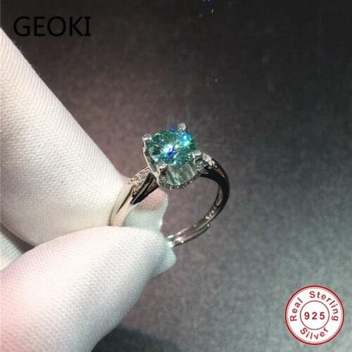 Geoki Passed Diamond Test 1 CT VVS1 Blue Green Moissanite 4 Prong Ring 925 Sterling Silver Engagement Rings Women Luxury Jewelry