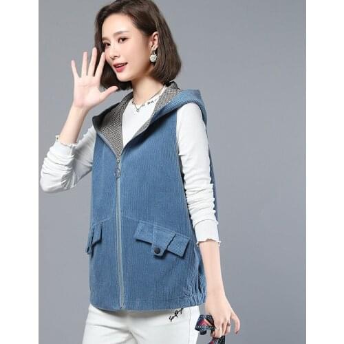 Cotton Corduroy Hooded Waistcoat & Vest Plus Size Middle-Aged Mother Womens Spring Fall Clothes Casual Sleeveless Jacket zh647