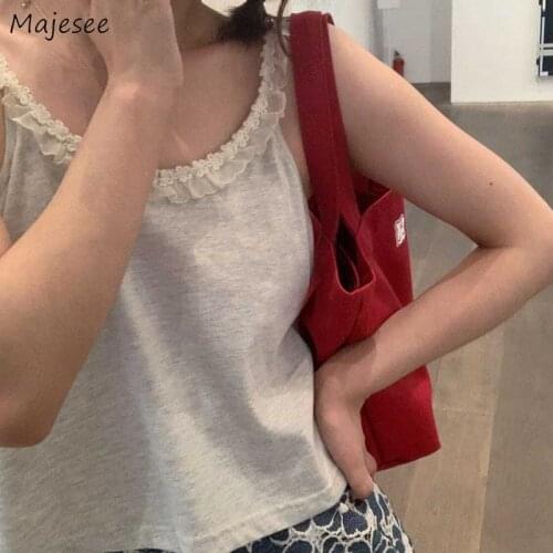 Tanks Women Summer Lovely Lace Ulzzang Students Popular Simple Japanese Style Girlish Female Cozy Solid Basic Sweet Hipster Tops
