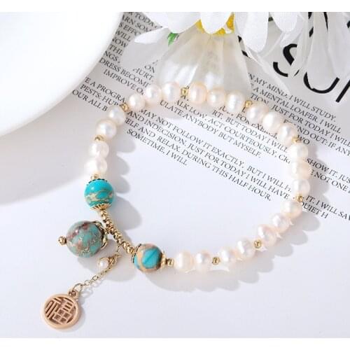 Trendy Natural Freshwater Pearls Turquoise Beads Gold Color Chinese Character Pendant Bracelets for Women Fashion Jewelry YBR304