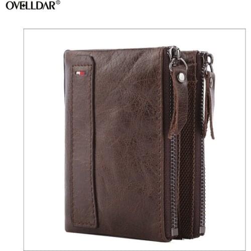 Mens Wallet Leather Short Coin Purse Oil Wax Leather Double Zipper Wallet Top Layer Leather Wallet Coin Pocket
