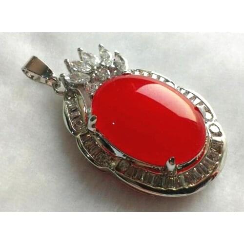 Wholesale crystal inlay 18*25mm red Natural jade pendant with free chain