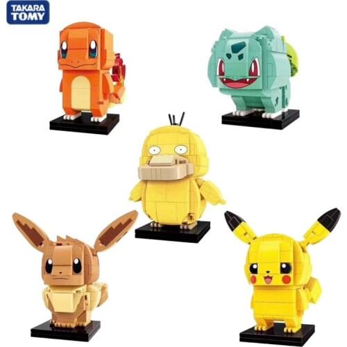Original Takara Tomy Pokemon Pikachu Eevee Psyduck Bulbasaur Charmander Squirtle Building Block Anime Figures Toys for Children
