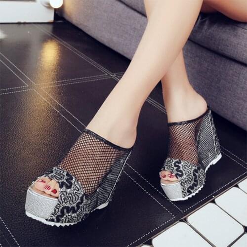 Summer Net Yarn High Heels Women Wedges Sandals Tongs Slippers Platform Female Lace Increase Mujer Shoes Feminina Chaussures