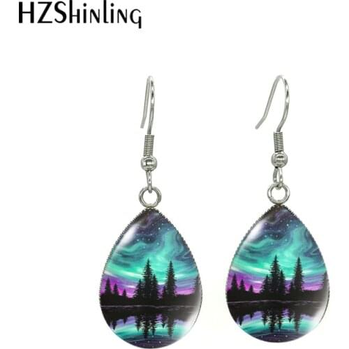 New Arrival Colorful Galaxy Lake Moonlight Scenery Painted Handcraft Jewelry Tear Drop Fish Hook Earrings