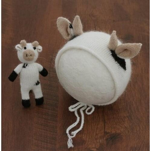 2 Pcs Baby Knitting Cow Hat Animal Doll Set Handmade Crochet Mohair Beanies Cap Newborn Photography Props Bonnet Infants Photo S