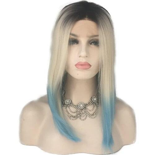 Melody Synthetic Lace Front Wigs Dark Roots Ombre Blonde Blue Short Straight Bob Heat Resistant Fiber for Women Natural Looking