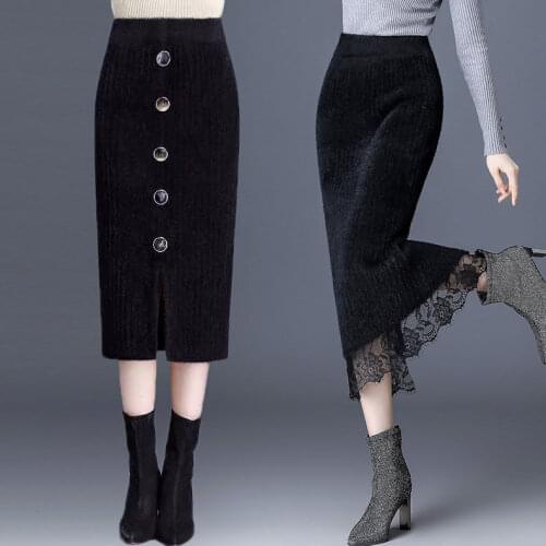 Thickened Mink-like Wool Skirt Womens Mid-Length Autumn and Winter Knitted Lace Wool Skirt New Split Skirt