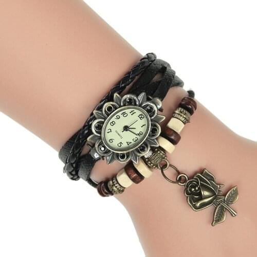 TOP High Quality GENUINE Leather Watch Bracelet Rose Charm Crystal stone Rim Lady Vintage wristwatch Ethnic Fashion