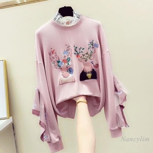 Embroidery Ruffled Stitching Lace Hoodies Women 2021 Spring Autumn Loose Korean Style Round Neck Pullover Student Sweatshirt
