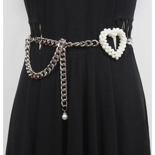 Womens Runway Fashion Pearl Heart Metal Chain Cummerbunds Female Dress Coat Corsets Waistband Belts Decoration Narrow Belt R787