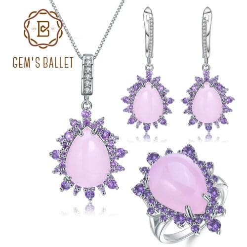 GEMS BALLET Natural Pink Calcedony Vintage Jewelry Set 925 Sterling Silver Ring Earrings Pendant Sets For Women Fine Jewelry