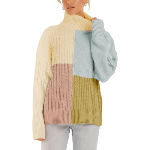 Women Pinkycolor Turtleneck Sweater Ladies Color Block Geometric Pattern Long Sleeve Knitting Pullover Winter Thicker Sweater