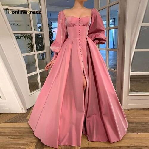 Bbonlinedress Satin Evening Dresses 2020 New Listing Simple Formal Gown Square Neck Full Sleeve Long Prom Dress vestido de festa