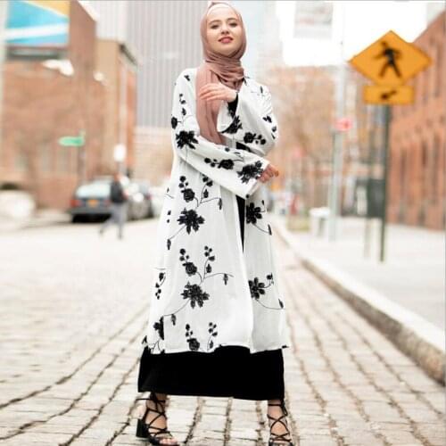 NEW Embroidery Flower Muslim Opened Abaya Two Tone Fabric Dress Muslim Dress Elegant Women Long Sleeve Kimono Long Dubai Abaya