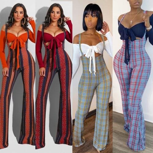 ZKYZWX Fall Two Piece Overalls Women Set Off Shoulder Bandage Tops Fashion Plaid Sling Bodycon Jumpsuit Night Club Outfits Suits
