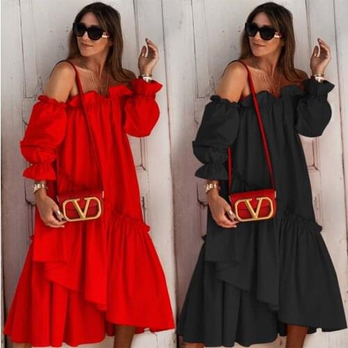 2021 Summer New Ladies Dress Temperament Fashion Irregular Off-shoulder Long-sleeved One-shoulder Skirt Woman Clothing WE369