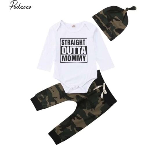 2019 Baby Spring Autumn Clothing Newborn Baby Boy Letter Print Cotton Outfit Long Sleeve Romper Camo Long Pants Hat 3Pcs Clothes
