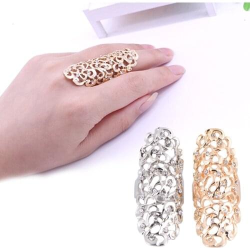 Retro Exaggerate Hollow Out Crystal Gold Silver Color Plated Big Knuckle Rings For Women Jewelry Gifts Long Wedding Finger Rings