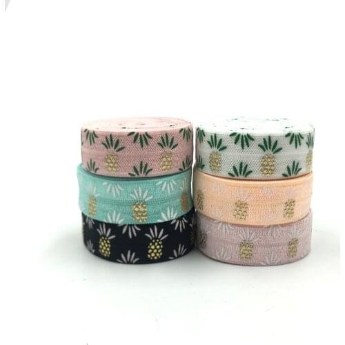 5yards/lot Gold Foil Printed Pineapple Fold Over Elastic Retail Packing For DIY Hair Tie Hair Supplies