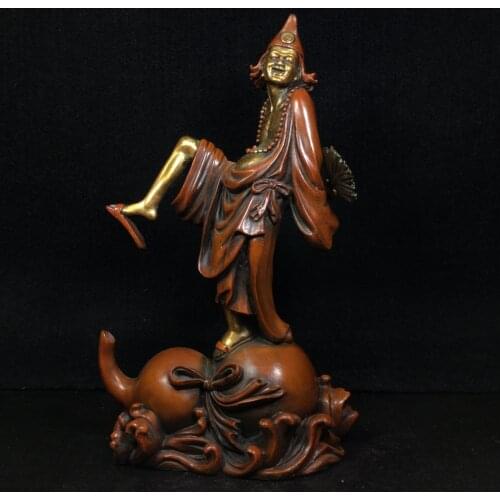 11"Tibet temple Old Bronze Gilt Real gold silver Living Buddha Jigong Buddha Statue Pedal gourd Help the world Town House