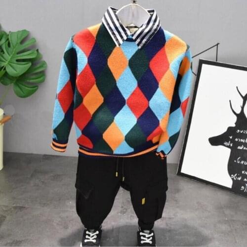 Spring Kids Clothes New Boy Clothing Sets boys rhombus Knit sweater,shirts and pants 3PCS Sets Boys Clothes 2-6years