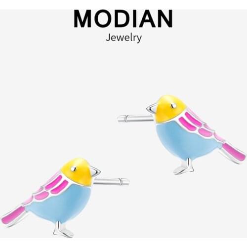 Modian New Sale Real 925 Sterling Silver Colorful Enamel Bird Cute Stud Earrings For Women & Girl Fashion Party Silver Jewelry