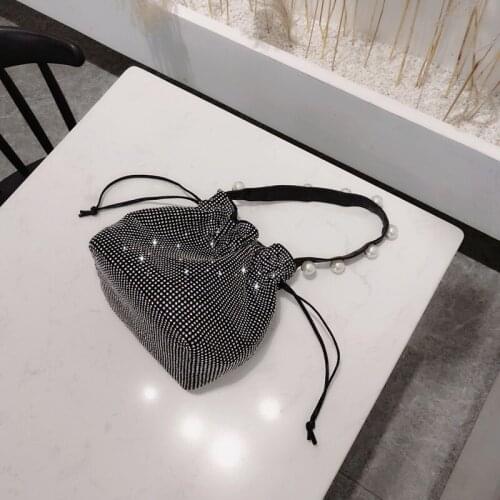 Fashion Women New Bling Bling Diamonds Party Evening Bag Pearls Totes Handbag Chain String Small Pack Pouch Bucket Crossbody Bag