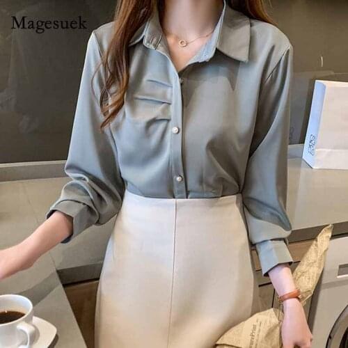 Autumn New 2020 Korean Style All-match Women Blouse Long Sleeve Satin Tops Solid Bottoming Turn-down Collar Cardigan Shirt 10994