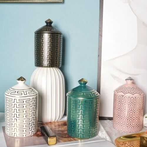 Simple Ceramic Candle Holders Handmade Incense Candles Jar Geometric Line Cup Living Room Study Ornaments Home Decor Crafts