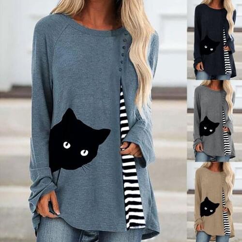 Womens autumn pullover thin section simple long-sleeved striped stitching cute cat print mid-length large size pullover 50