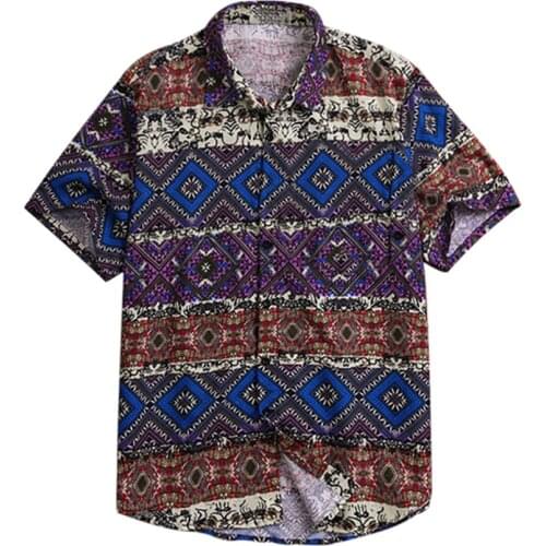 Men Shirt Ethnic Style Print Men Casual Shirt Lapel Neck Streetwear Short Sleeve Tops 2021 Loose Tropical Hawaiian Shirt Men