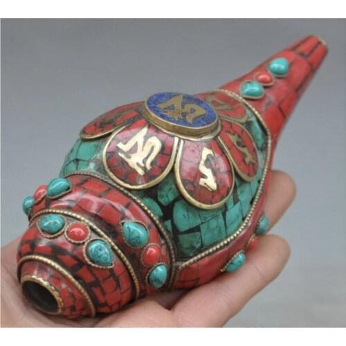 Collect Rare Tibet Buddhism Bronze Inlay Turquoise Coral Conch Shell Trumpet