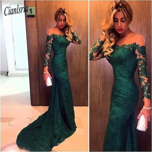 Dark Green Boat Neck Mermaid Lace Prom Dresses Custom Made vestido De Festa Long Sleeve Formal Party Dress