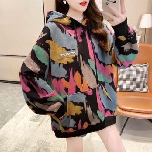 Hoodies for Plush Thicken Women Casual Hood Camouflage Printing Long Sleeves Pullover Blouses Tops Sweatshirt Korean Top