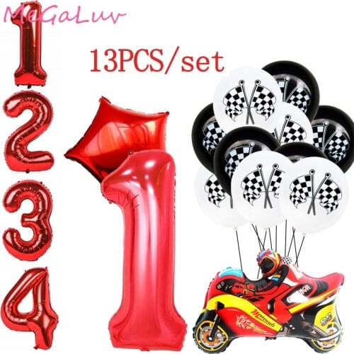 13pcs/set 0-9 Digital Aluminum Foil Balloon Black and White Lattice Motorcycle Racer Balloon Childrens Birthday Party Toy