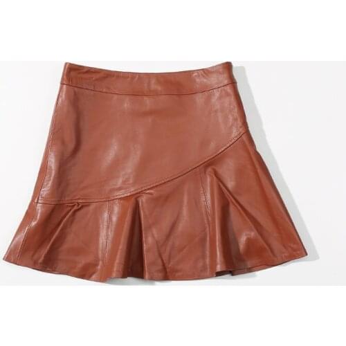 2020 New Style Women Fashion Genuine Leather Skirt With Ruffles