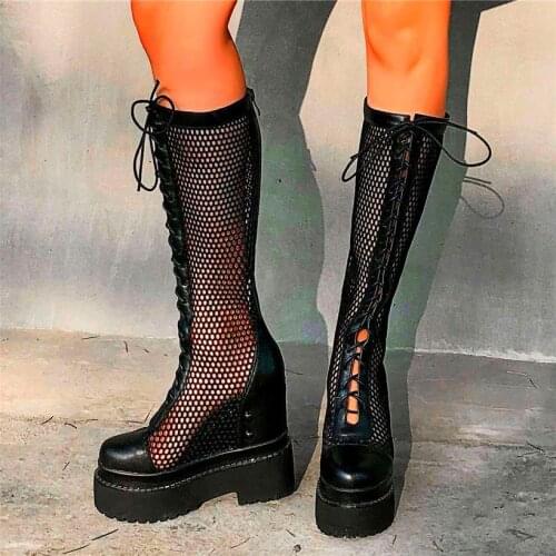 Womens Cow Leather Knee High Boots Sandals Platform Wedge High Heel Punk Creepers Party Shoes 34 35 36 37 38 39