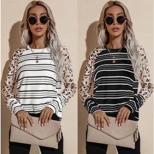 2021 Autumn Sweater Women Leopard Print Splicing Long Sleeve Jumper Casual Loose Stripe Pullover Ladies O-Neck Tops