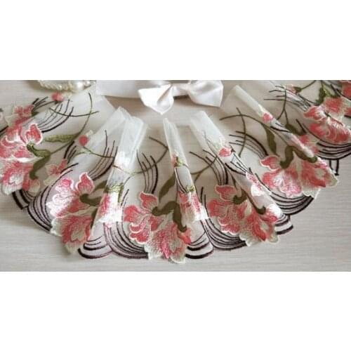 2 Yards Embroidered Lace Trim Pink Floral Embroidered Cream Tulle Lace 5.5 Inches Wide