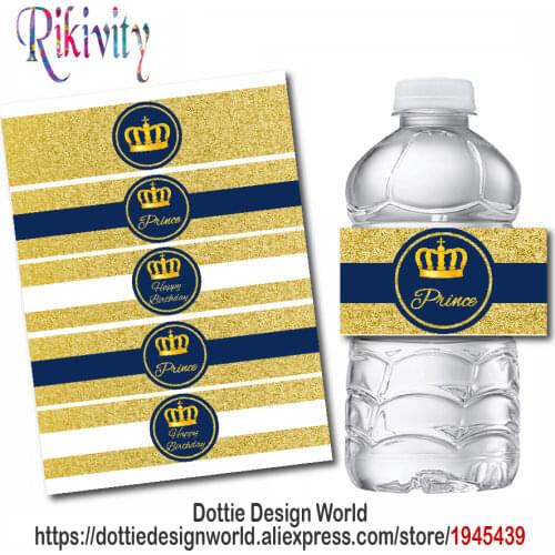 20 Pcs Custom Gold Crown Navy Blue Boys Birthday Water Bottle Labels Candy Bar Wrapper Baby Shower Birthday Party Decoration