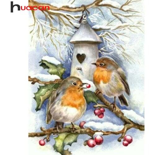 Huacan 5d Diy Diamond Painting Bird House Home Decor Diamond Embroidery Animal Snow Tree Mosaic Crystal Wall Sticker