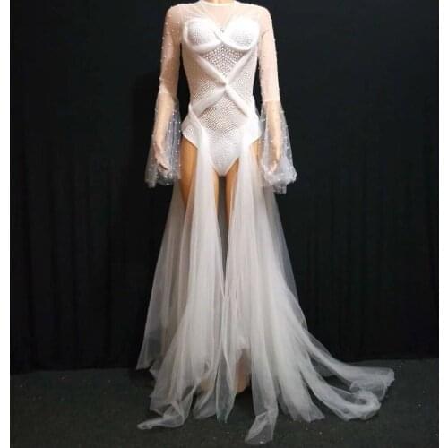 White Color Sexy Mesh Long Dress Hand-make Beading Dance Dress Long Sleeve Sexy Club Party Dress High Quality