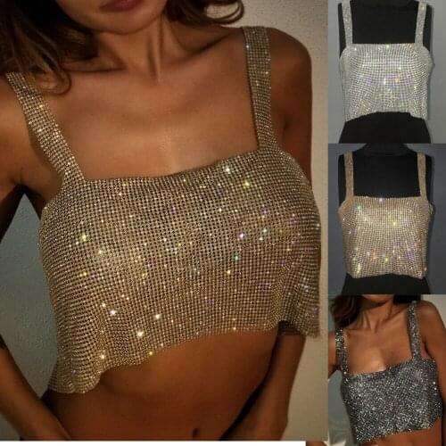 Crystal Silver Gold Metal Strappy Backless Shiny Sequins Necklace Metallic Strap Tank Crop Top Vest