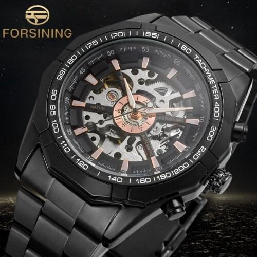 Winner Mens Watches Fashion Skeleton Automatic Clock Relojes Stainless Steel Bracelet Mechanical Wristwatch Color Black