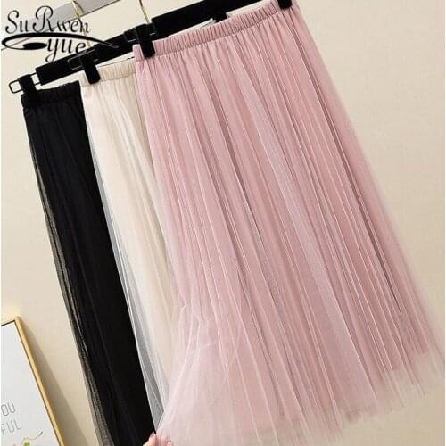 Elastic Thin Apricot Gray Pink Black Long Skirts Solid Tulle Skirt 2021 Summer New Elegant Sweet Fairy Pleated Women Skirt 9585